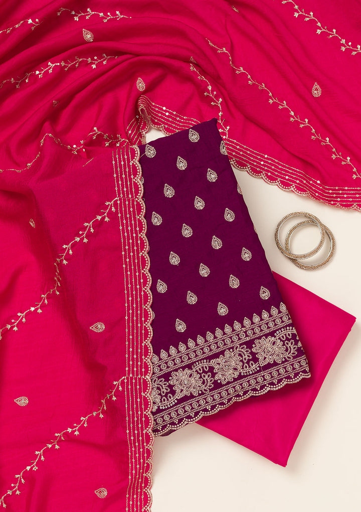 Wine Subtle Soft Raw Silk Unstitched Salwar Suit
