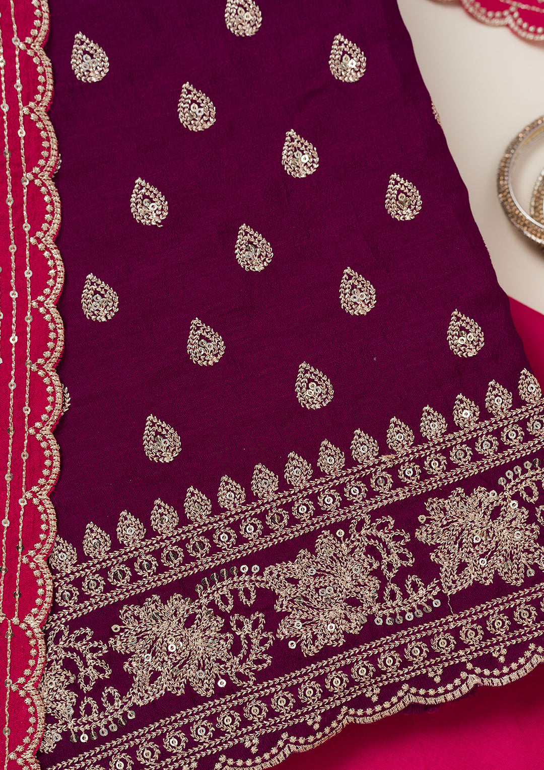 Wine Subtle Soft Raw Silk Unstitched Salwar Suit