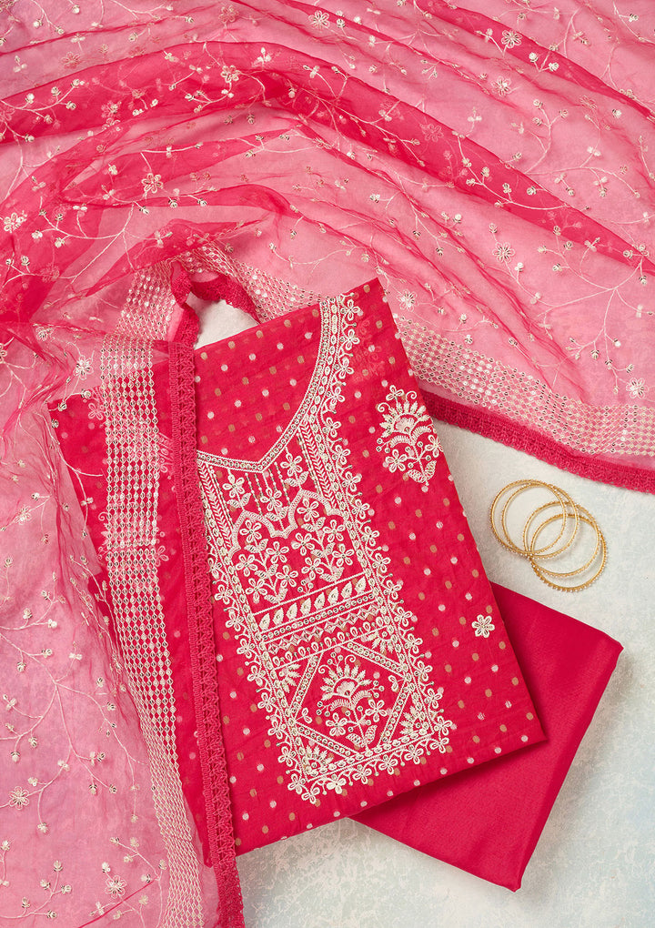 Rani Pink Metallic Embroidery Chanderi Unstitched Salwar Suit