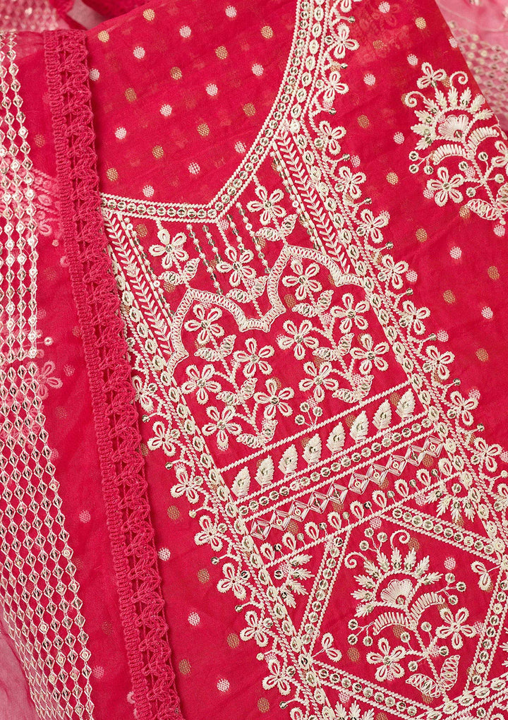 Rani Pink Metallic Embroidery Chanderi Unstitched Salwar Suit