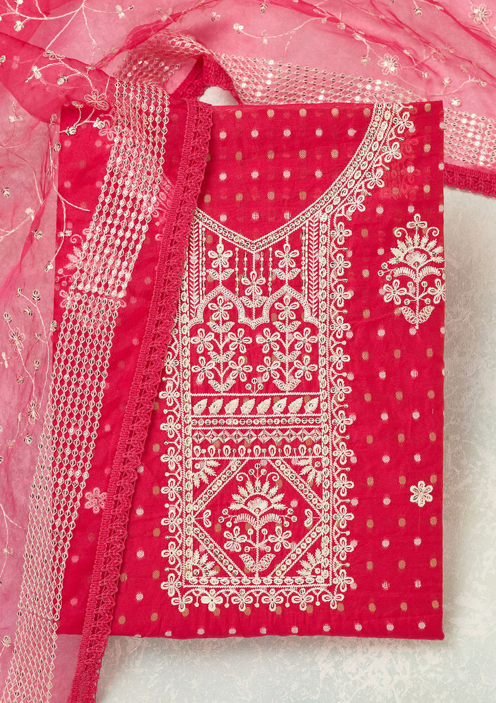 Rani Pink Metallic Embroidery Chanderi Unstitched Salwar Suit