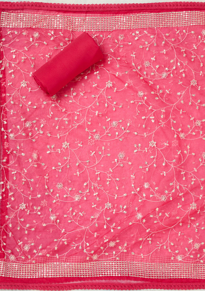 Rani Pink Metallic Embroidery Chanderi Unstitched Salwar Suit