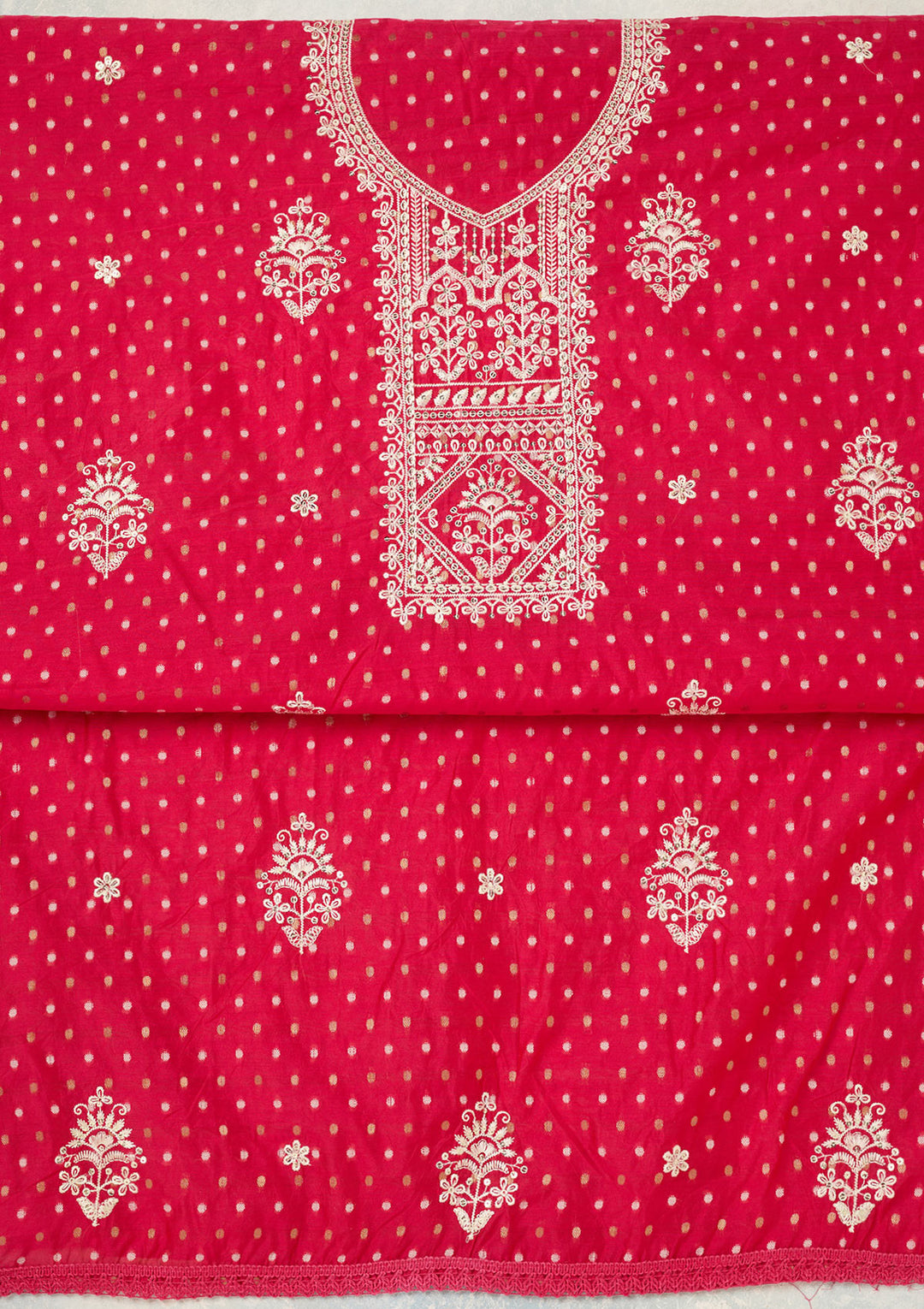 Rani Pink Metallic Embroidery Chanderi Unstitched Salwar Suit