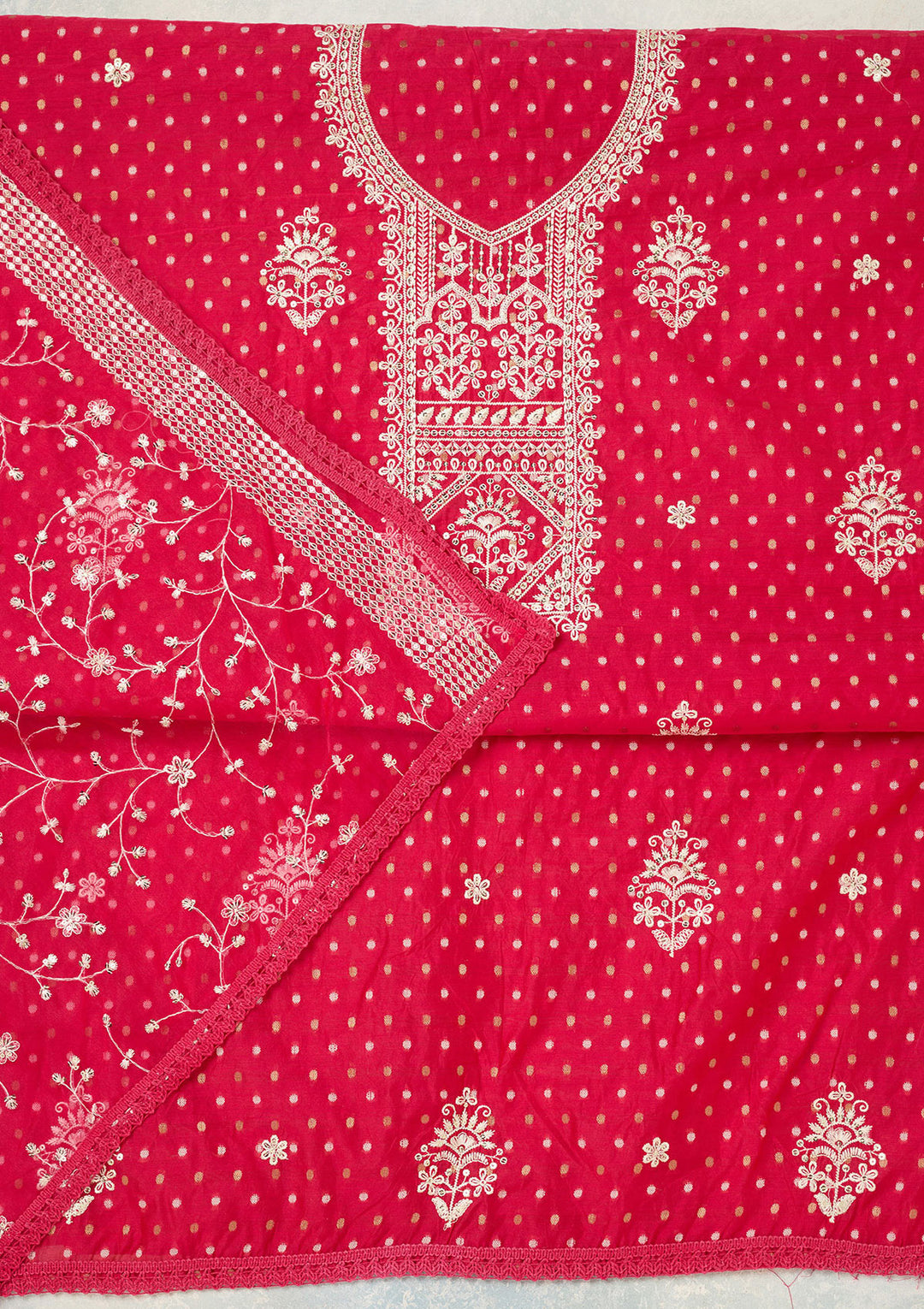 Rani Pink Metallic Embroidery Chanderi Unstitched Salwar Suit