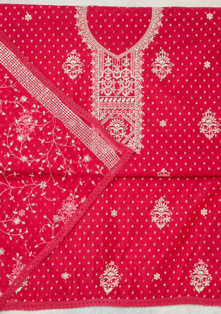 Rani Pink Metallic Embroidery Chanderi Unstitched Salwar Suit