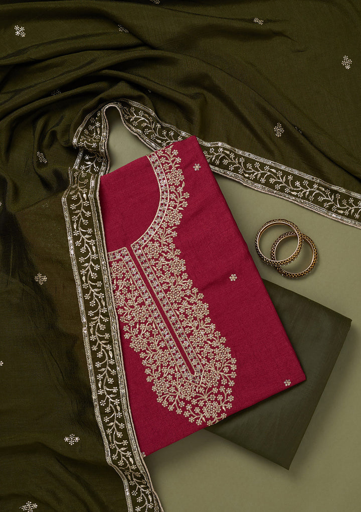 Magenta Pink Zariwork Soft Raw Silk Unstitched Salwar Suit