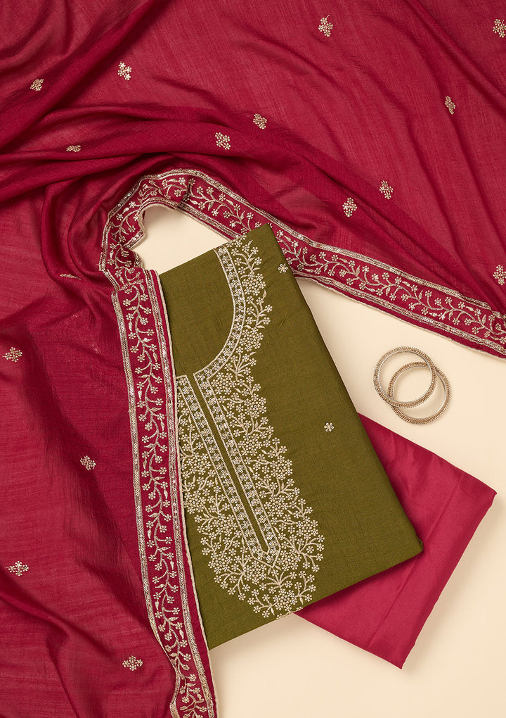 Mehendi Zariwork Soft Raw Silk Unstitched Salwar Suit