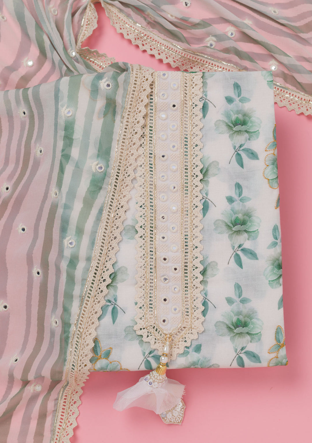 Sea Green Threadwork Cotton Unstitched Salwar Suit