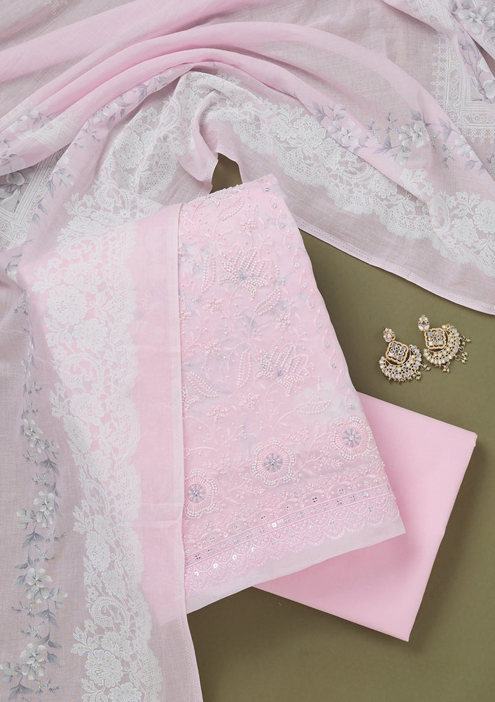Baby Pink Threadwork Cotton Unstitched Salwar Suit