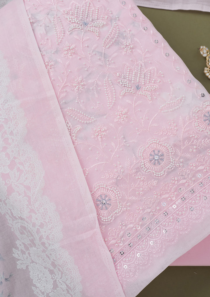 Baby Pink Threadwork Cotton Unstitched Salwar Suit