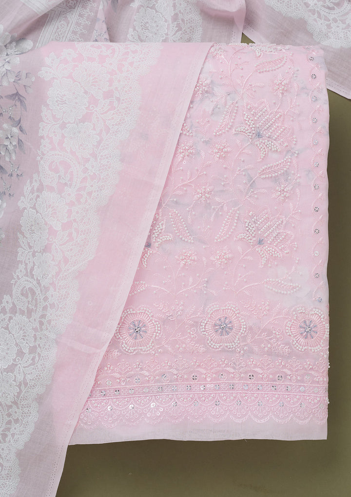 Baby Pink Threadwork Cotton Unstitched Salwar Suit