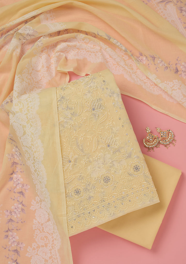 Lemon Yellow Threadwork Cotton Unstitched Salwar Suit