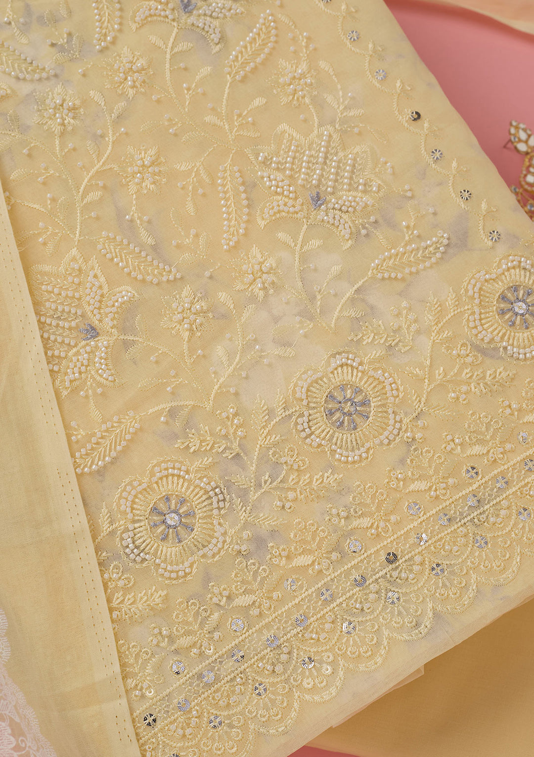 Lemon Yellow Threadwork Cotton Unstitched Salwar Suit