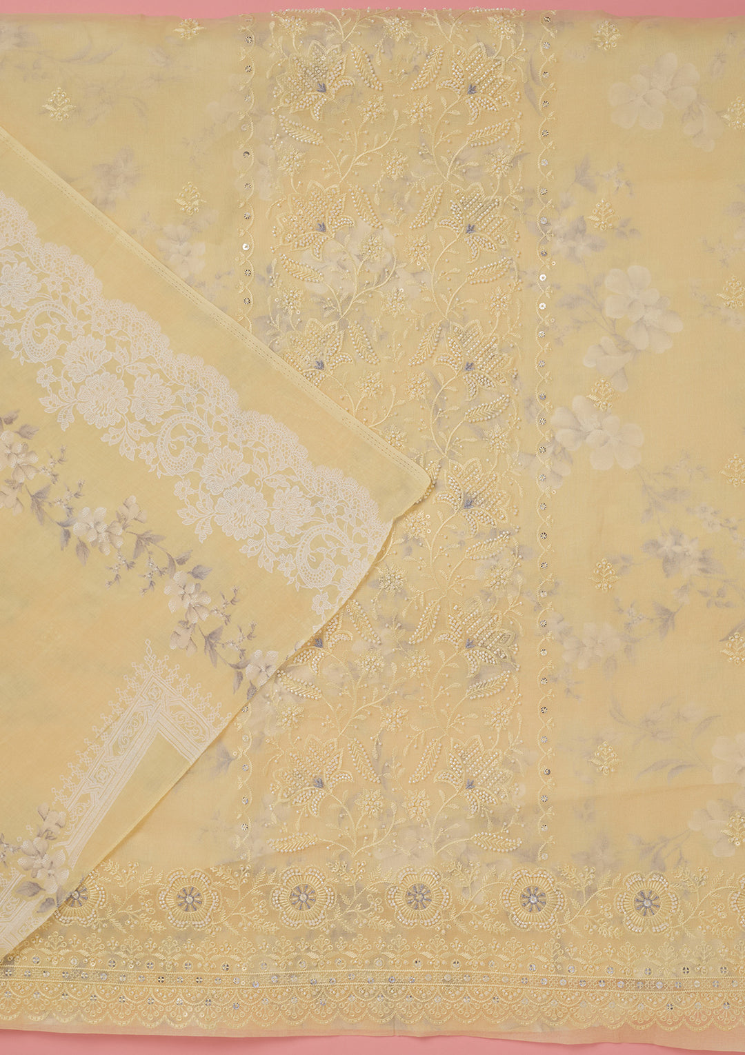 Lemon Yellow Threadwork Cotton Unstitched Salwar Suit