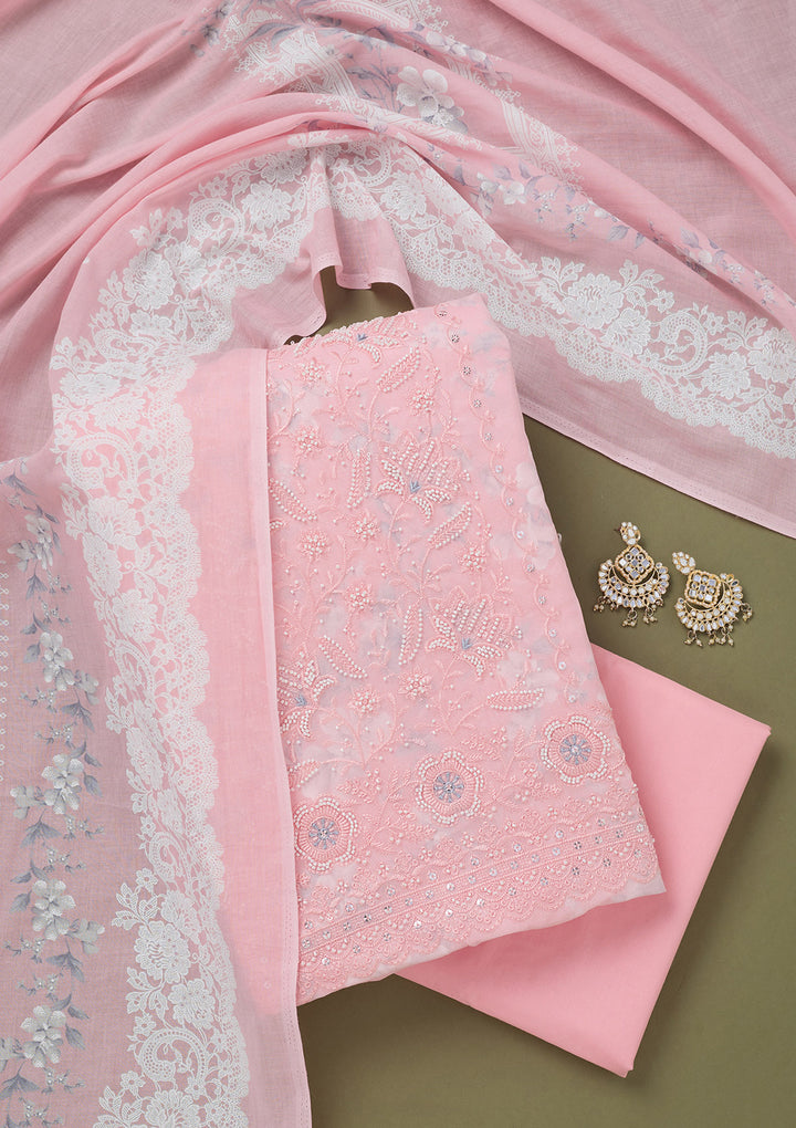 Pink Threadwork Cotton Unstitched Salwar Suit