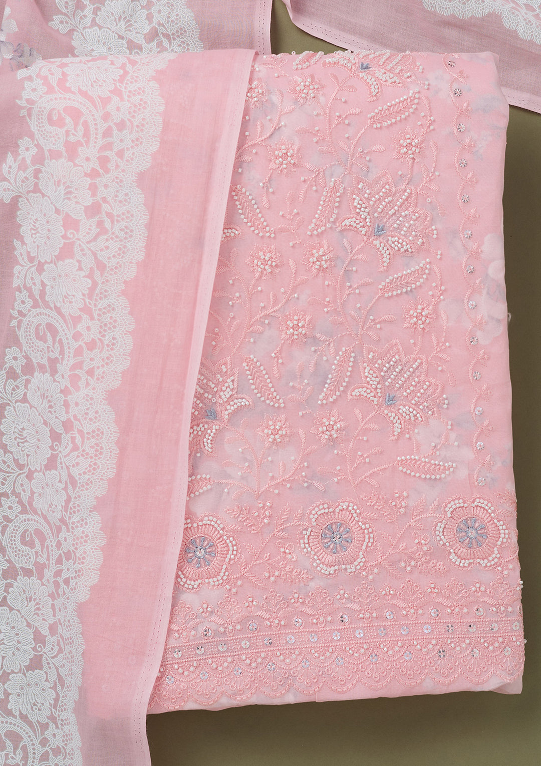 Pink Threadwork Cotton Unstitched Salwar Suit
