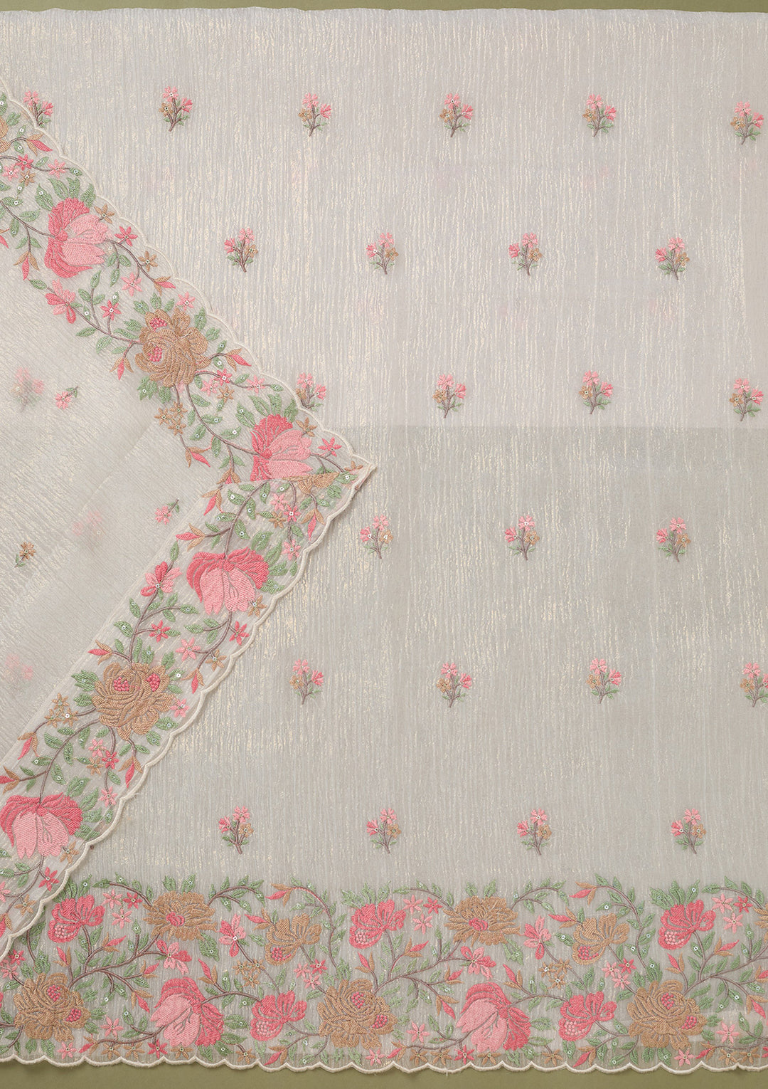 Beige Threadwork Tissue Unstitched Salwar Suit