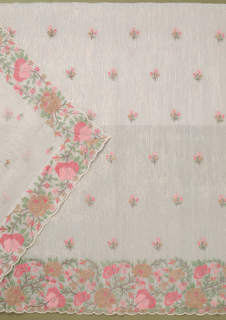 Beige Threadwork Tissue Unstitched Salwar Suit