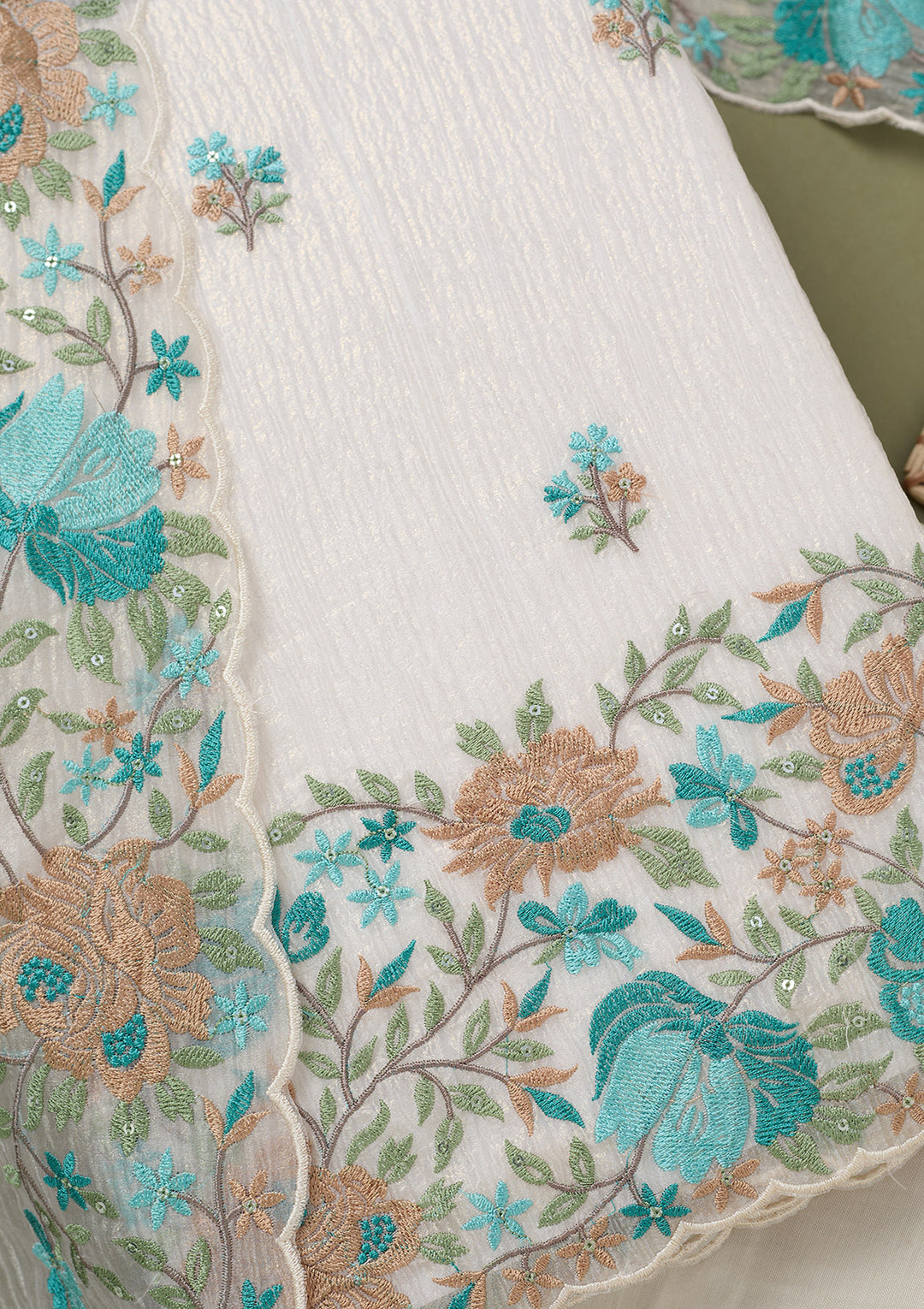 Beige Threadwork Tissue Unstitched Salwar Suit