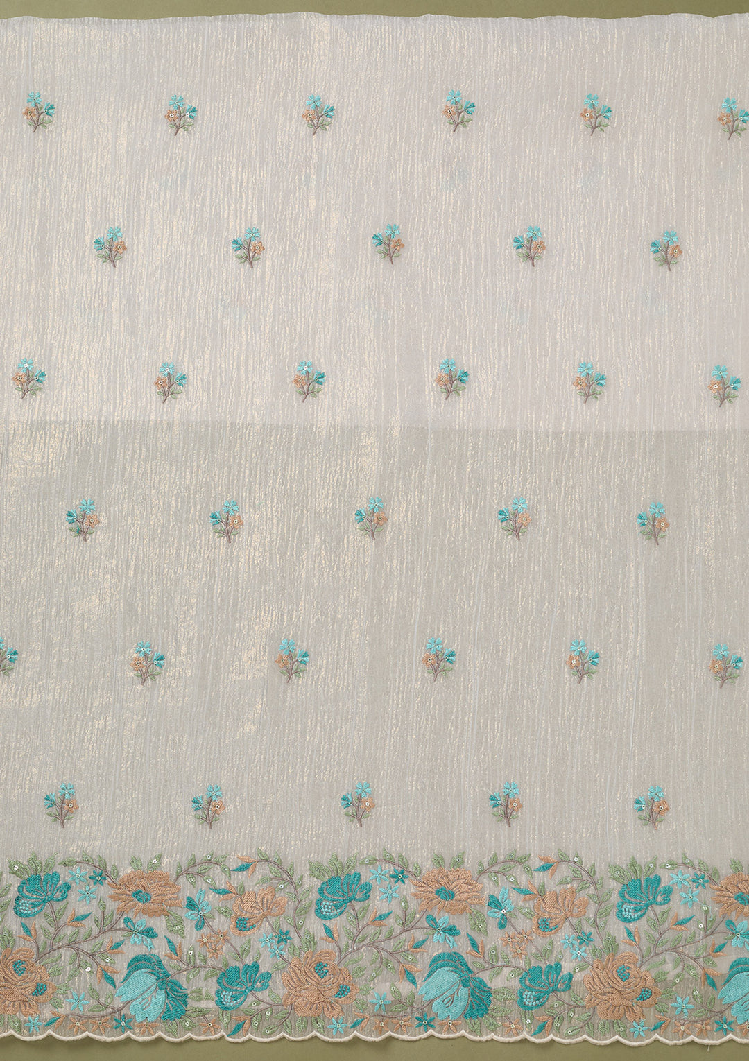 Beige Threadwork Tissue Unstitched Salwar Suit