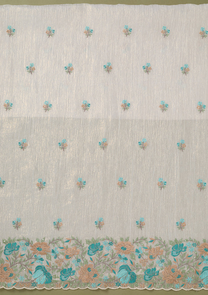 Beige Threadwork Tissue Unstitched Salwar Suit