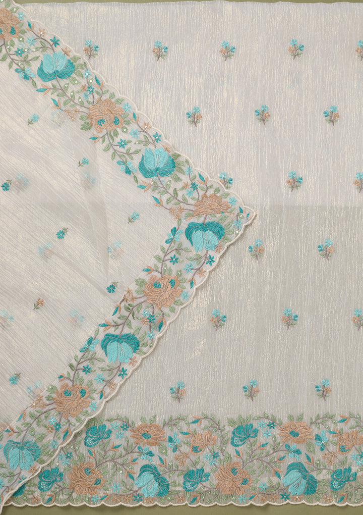 Beige Threadwork Tissue Unstitched Salwar Suit