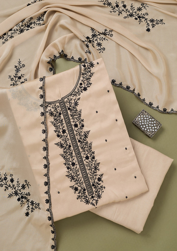Beige Threadwork Semi Crepe Unstitched Salwar Suit