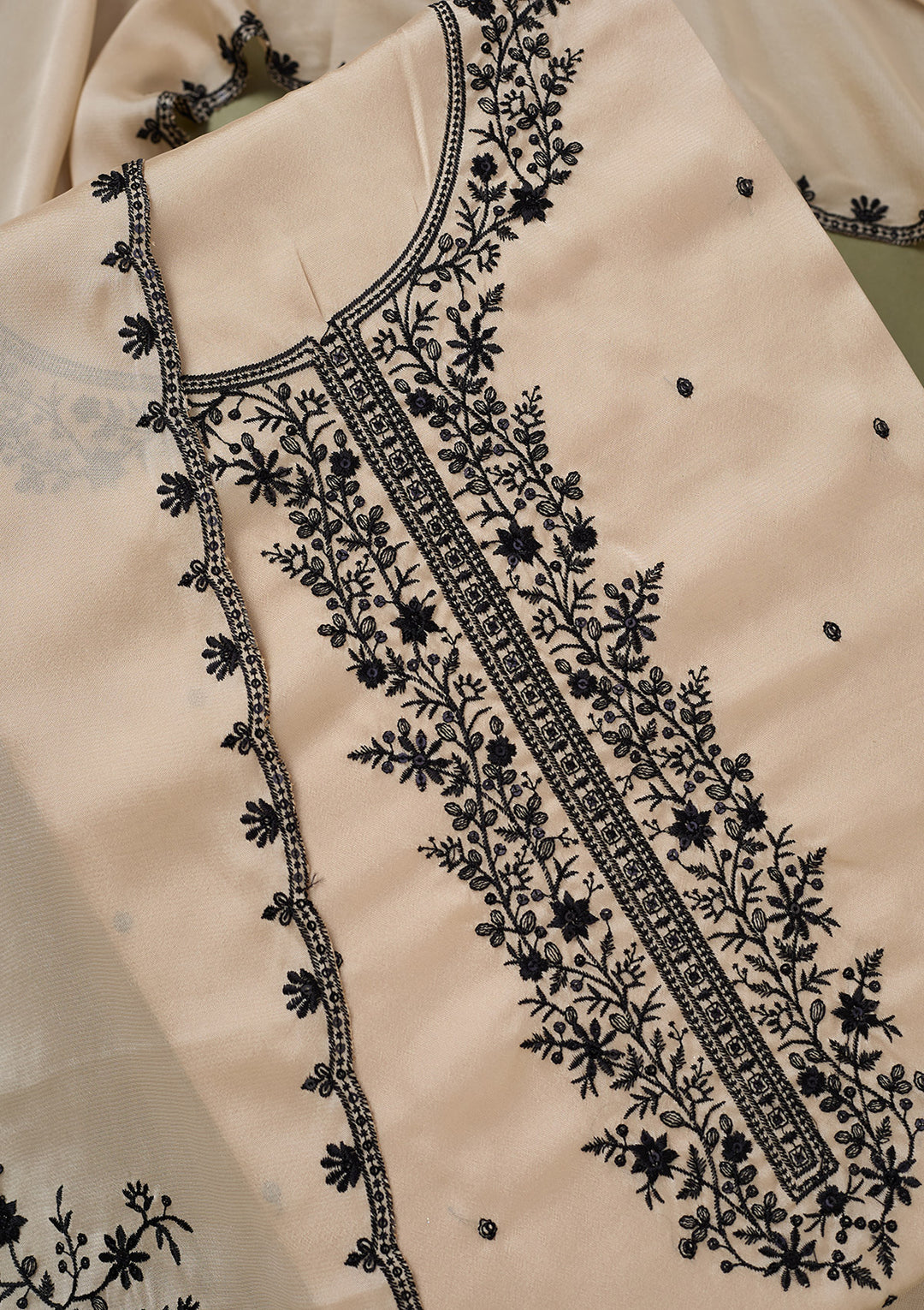 Beige Threadwork Semi Crepe Unstitched Salwar Suit