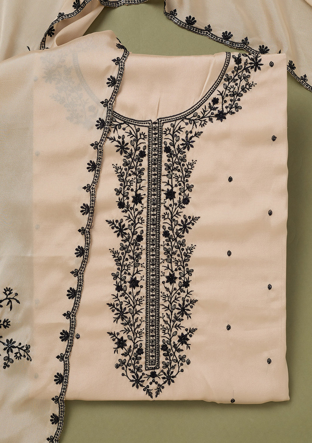 Beige Threadwork Semi Crepe Unstitched Salwar Suit
