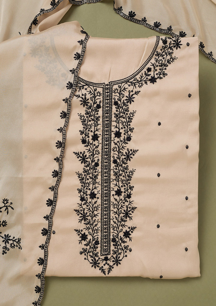 Beige Threadwork Semi Crepe Unstitched Salwar Suit