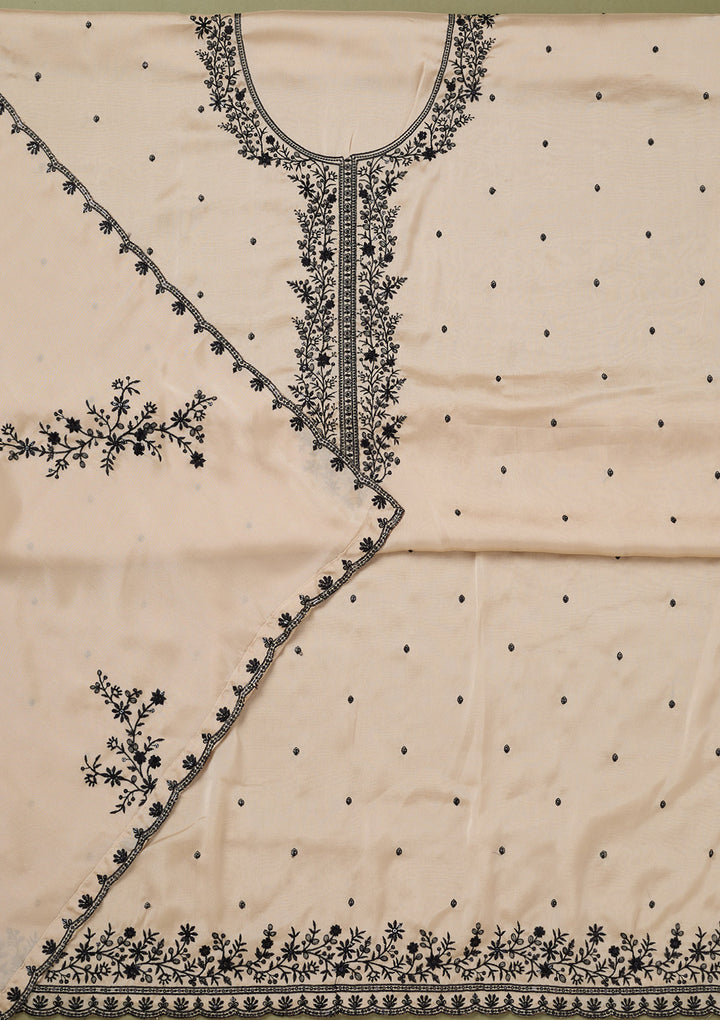 Beige Threadwork Semi Crepe Unstitched Salwar Suit