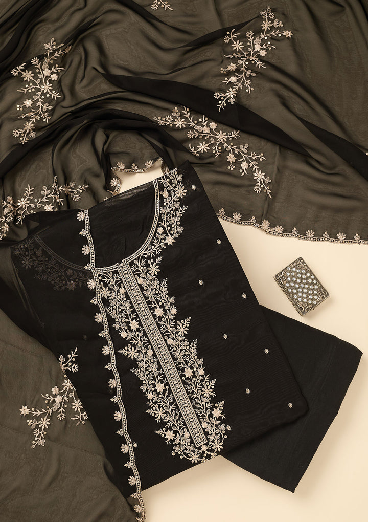 Black Threadwork Semi Crepe Unstitched Salwar Suit
