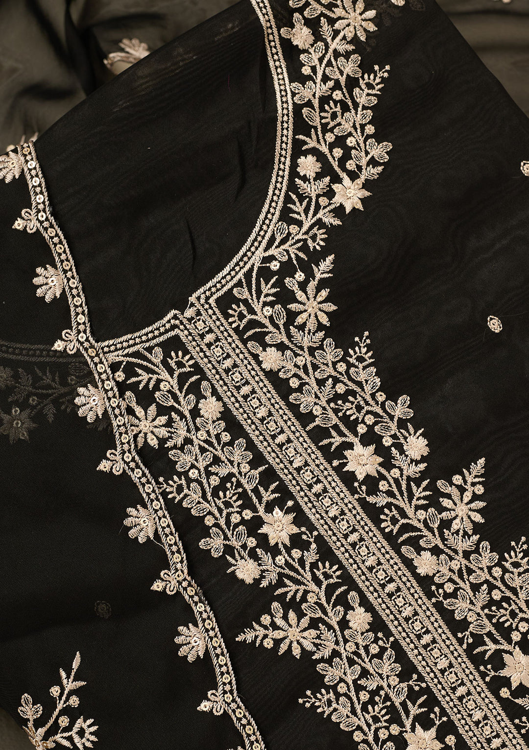 Black Threadwork Semi Crepe Unstitched Salwar Suit
