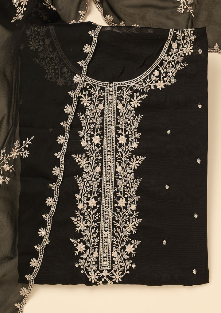 Black Threadwork Semi Crepe Unstitched Salwar Suit