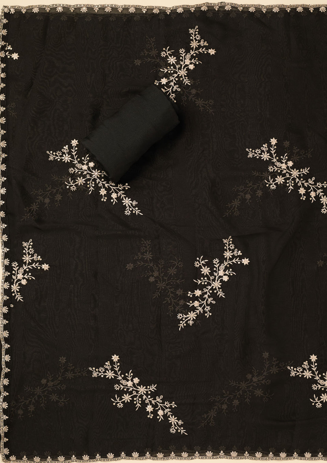 Black Threadwork Semi Crepe Unstitched Salwar Suit