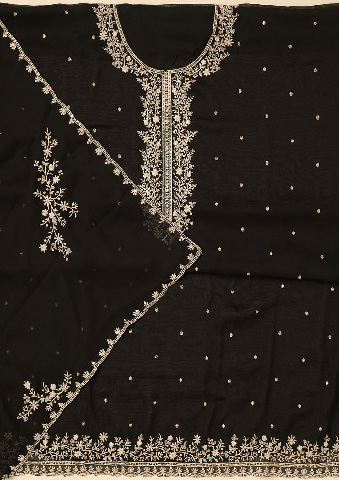 Black Threadwork Semi Crepe Unstitched Salwar Suit