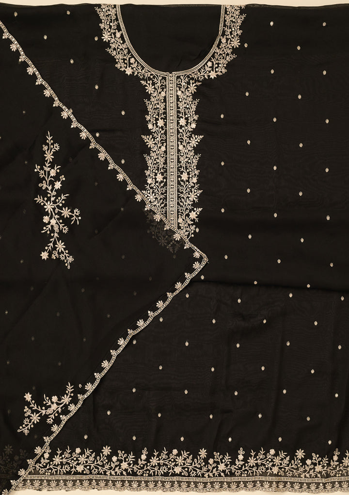 Black Threadwork Semi Crepe Unstitched Salwar Suit