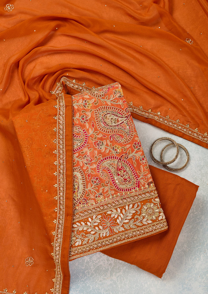 Orange Stonework Semi Crepe Unstitched Salwar Suit