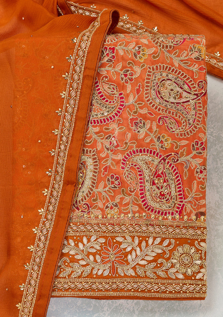 Orange Stonework Semi Crepe Unstitched Salwar Suit