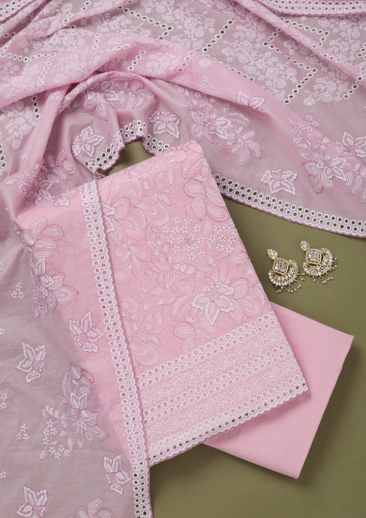 Baby Pink Threadwork Cotton Unstitched Salwar Suit