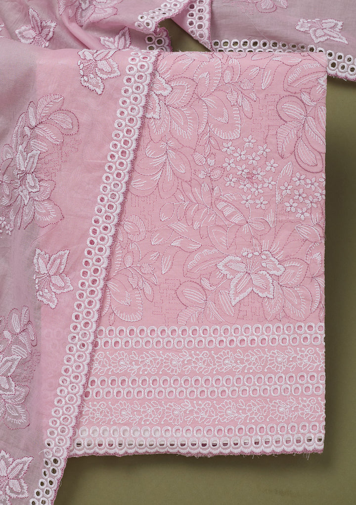 Baby Pink Threadwork Cotton Unstitched Salwar Suit
