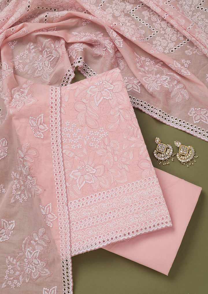 Peach Threadwork Cotton Unstitched Salwar Suit