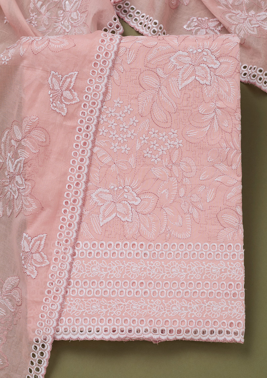 Peach Threadwork Cotton Unstitched Salwar Suit