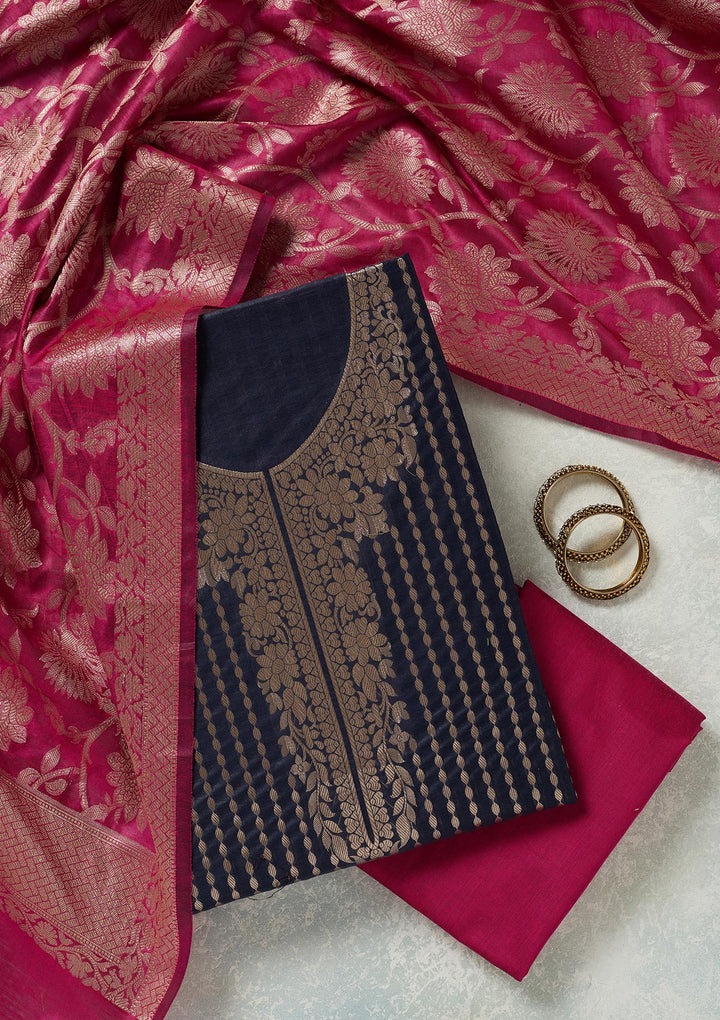 Navy Blue Zariwork (Gold) Banarasi Unstitched Salwar Suit