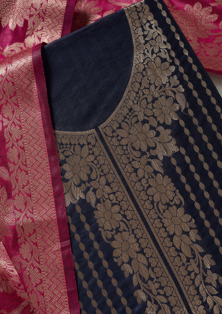 Navy Blue Zariwork (Gold) Banarasi Unstitched Salwar Suit