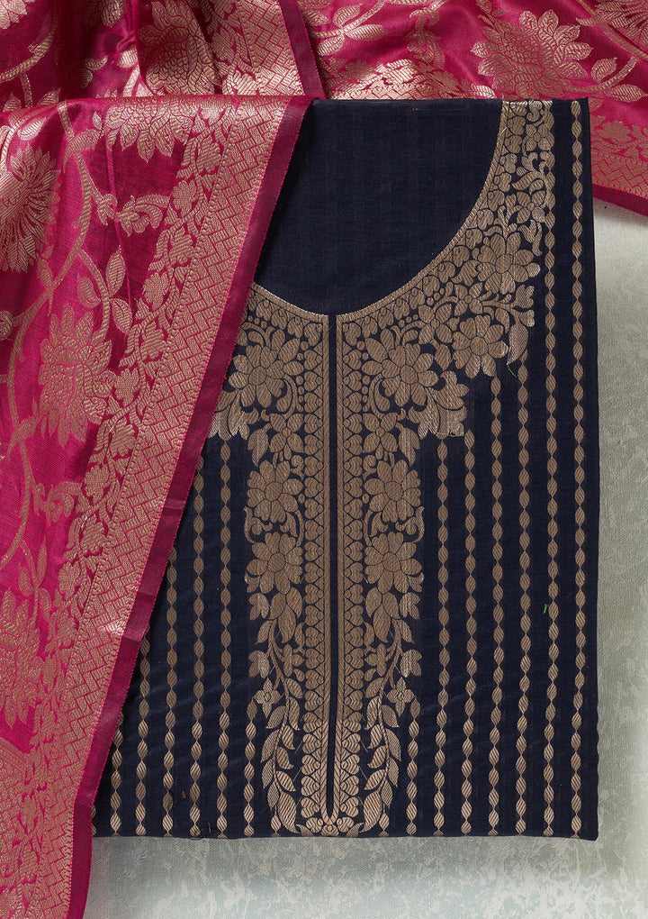 Navy Blue Zariwork (Gold) Banarasi Unstitched Salwar Suit