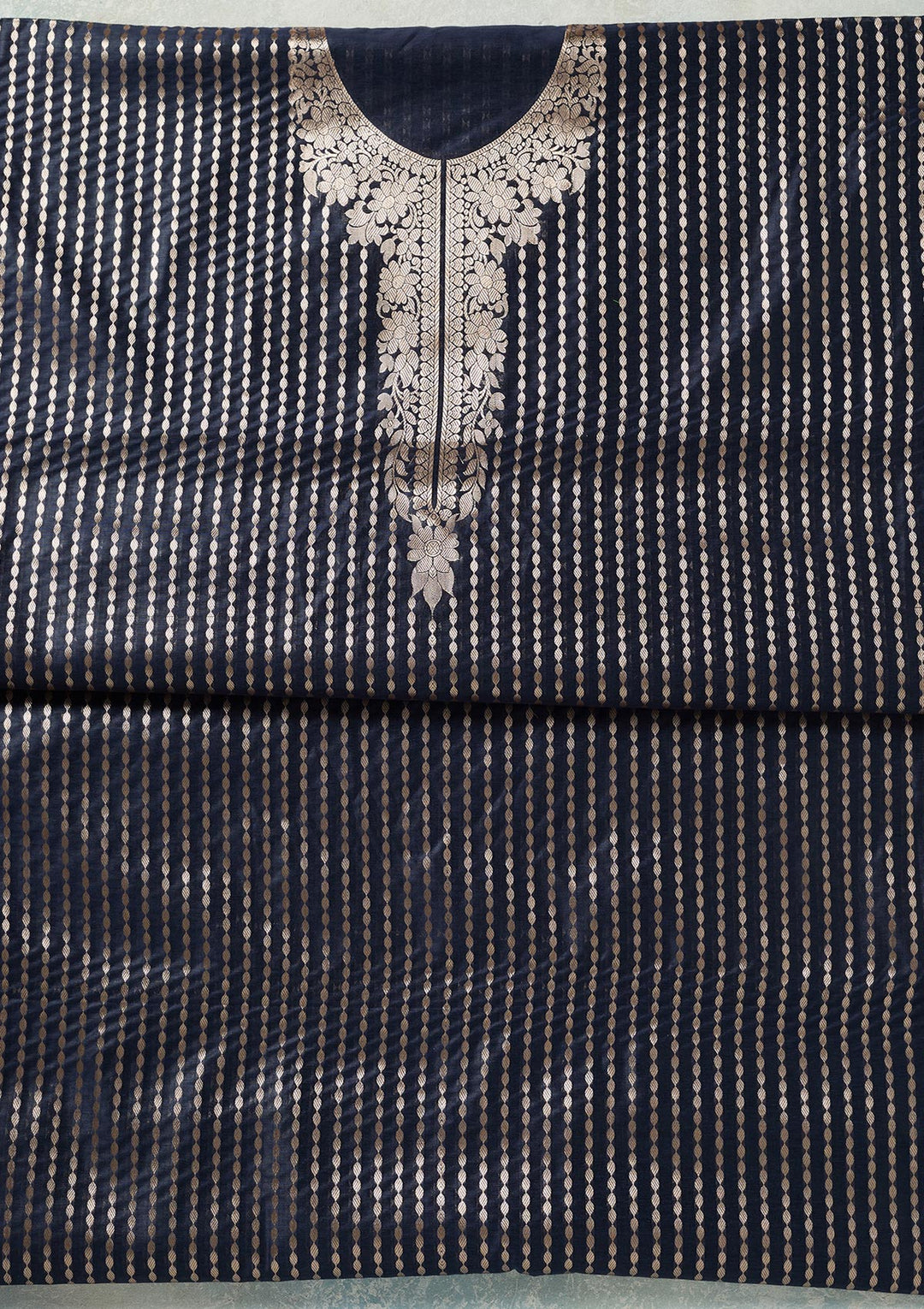 Navy Blue Zariwork (Gold) Banarasi Unstitched Salwar Suit
