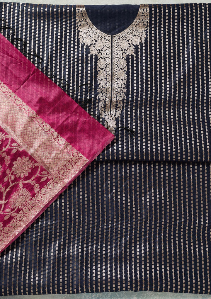 Navy Blue Zariwork (Gold) Banarasi Unstitched Salwar Suit
