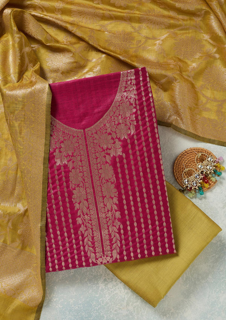 Rani Pink Threadwork Banarasi Unstitched Salwar Suit