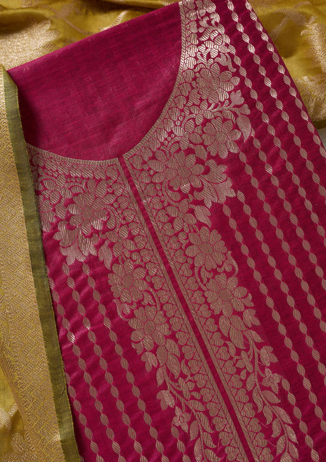 Rani Pink Threadwork Banarasi Unstitched Salwar Suit
